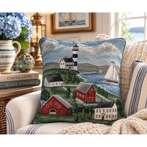 VTG Nautical Sailboat Lighthouse Pillow Coastal Blue 17" × 17" Beach Tapestry